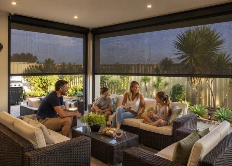 Custom outdoor blinds installed on a modern outdoor area with a family relaxing and enjoying the shaded outdoor living space